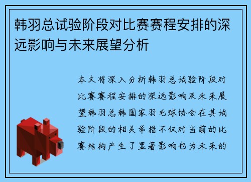 韩羽总试验阶段对比赛赛程安排的深远影响与未来展望分析